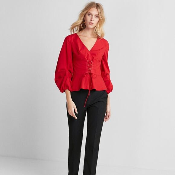 Express Red Volume Sleeve Corset Front Blouse Top sz XS - Picture 3 of 8